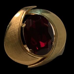 Vintage Gold- tone on Brass With Large Red Glass Cabochon Brooch